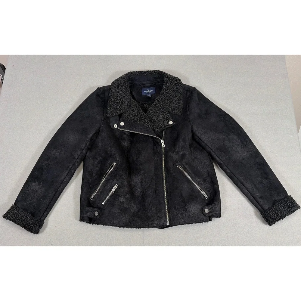 American Eagle Womens Faux Suede Shearling Moto Jacket Black Large 2706397171